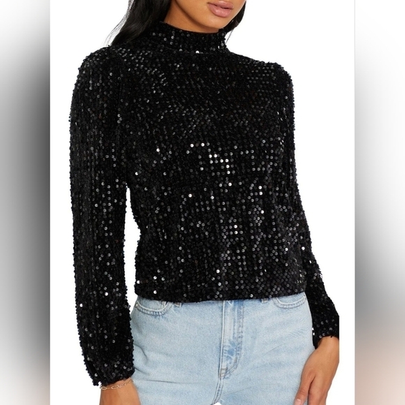 Sanctuary All Nighter black long sleeve sequin top, mock turtleneck, back zipper - Picture 1 of 11